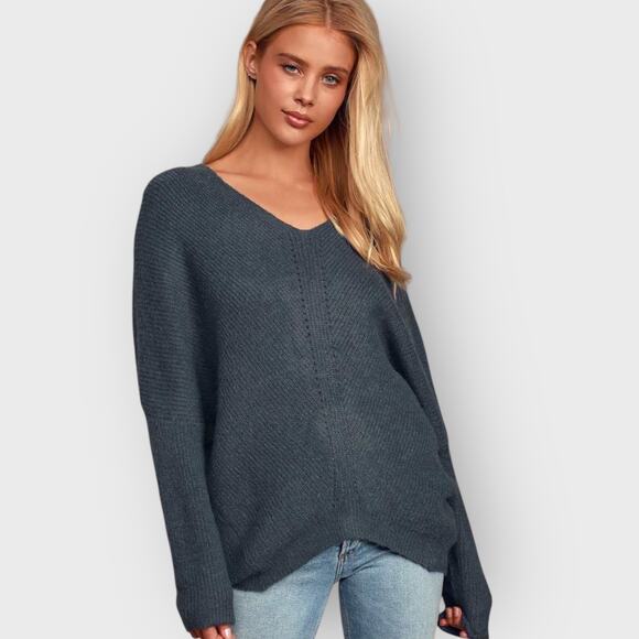 Lulus Small Dark Slate Blue V-Neck Sweater Knit Dolman Sleeve Relaxed Fit Boho - Picture 2 of 9